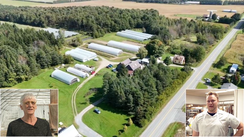 Aerial view Robert Fortin’s farm in Wickham, Que., which produces fresh vegetables for the Jewish General Hospital University Health Centre. Insets: Mr. Fortin (left) and Vincent Venne, Chef at the JGH.